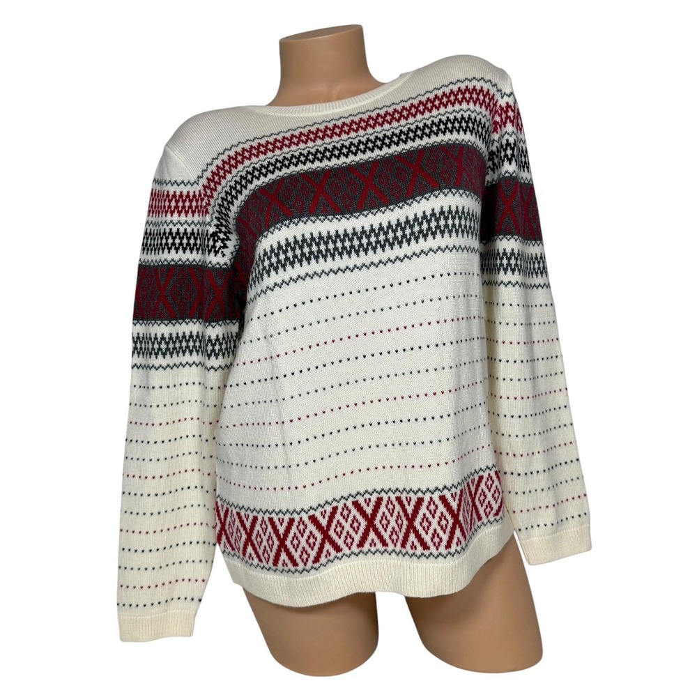 Talbots Women's Petites Cream Red Fair Isle Cotton Cashmere Blend Sweater LP